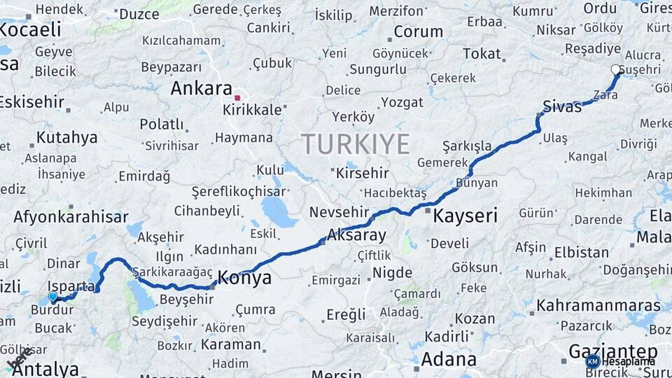 Burdur Suşehri Sivas Arası Kaç Km - Yol Haritası