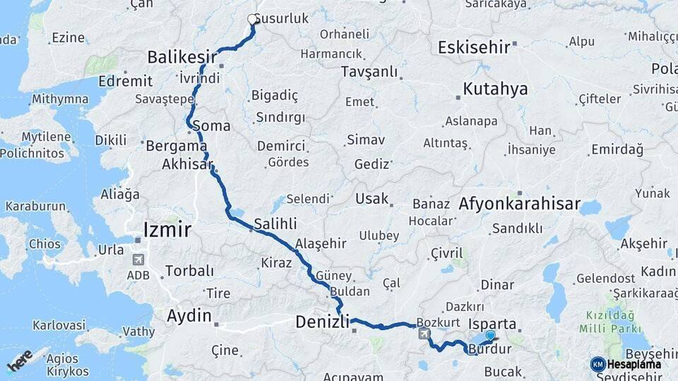 Burdur Susurluk Balıkesir Arası Kaç Km - Yol Haritası