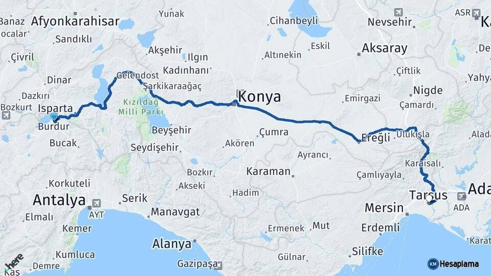 Burdur Tarsus Mersin Arası Kaç Km - Yol Haritası