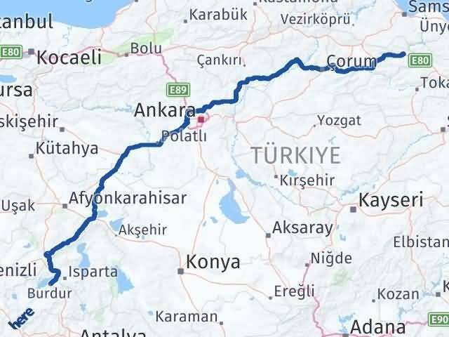 Burdur Taşova Amasya Arası Kaç Km - Yol Haritası