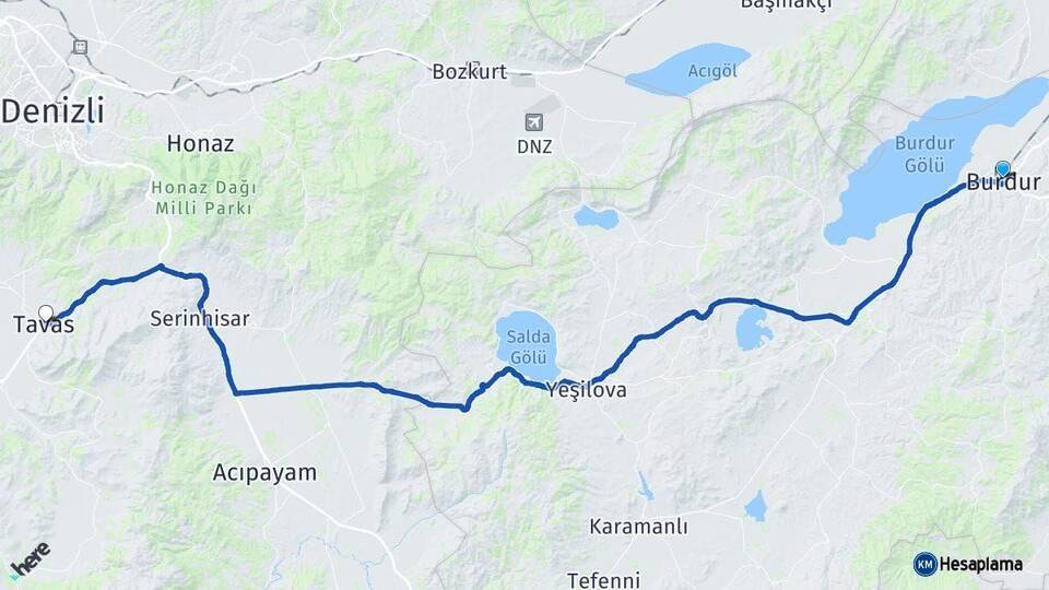 Burdur Tavas Denizli Arası Kaç Km - Yol Haritası