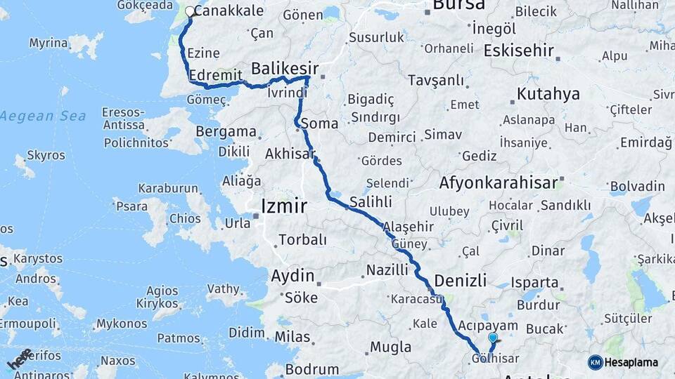 Burdur Tefenni Çanakkale Arası Kaç Km - Yol Haritası