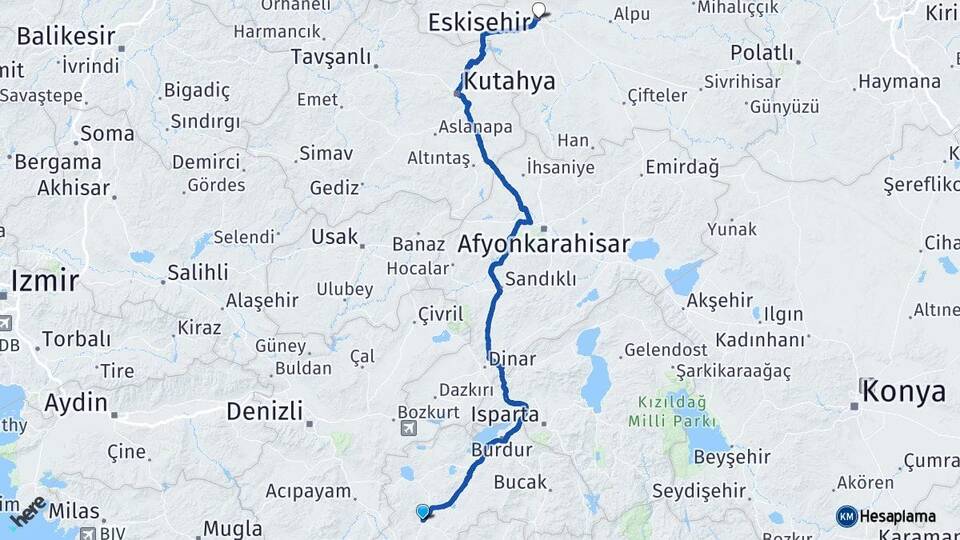 Burdur Tefenni Eskişehir Arası Kaç Km - Yol Haritası