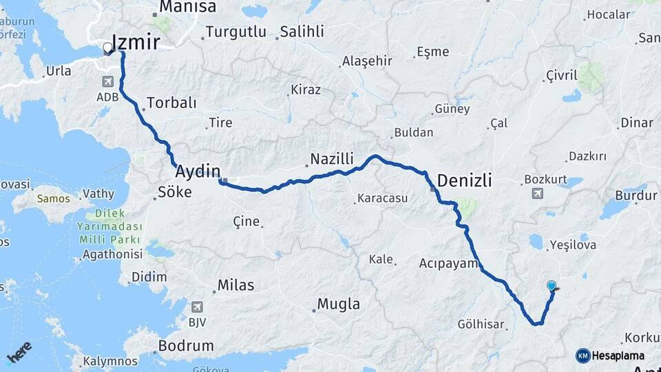 Burdur Tefenni İzmir Arası Kaç Km - Yol Haritası