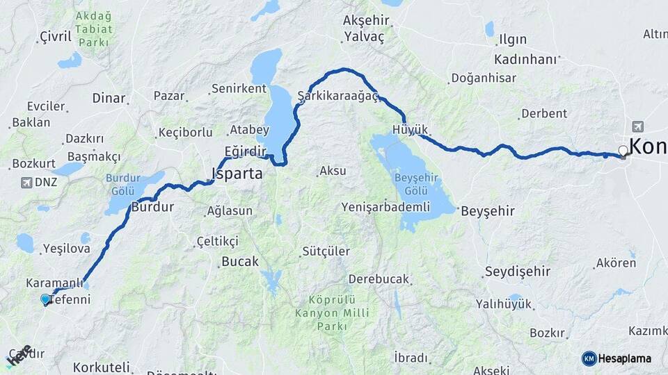 Burdur Tefenni Konya Arası Kaç Km - Yol Haritası