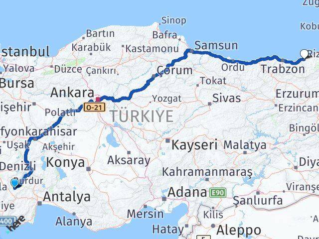 Burdur Tefenni Rize Arası Kaç Km - Yol Haritası
