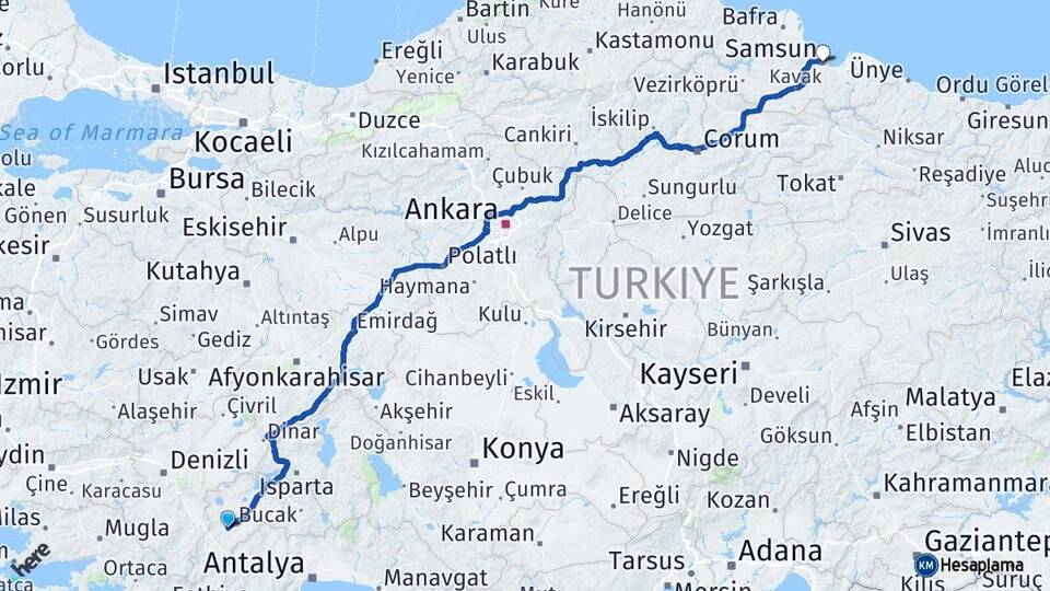 Burdur Tefenni Samsun Arası Kaç Km - Yol Haritası