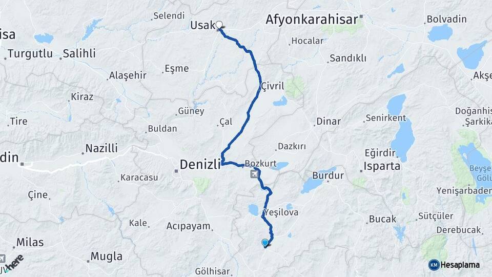Burdur Tefenni Uşak Arası Kaç Km - Yol Haritası