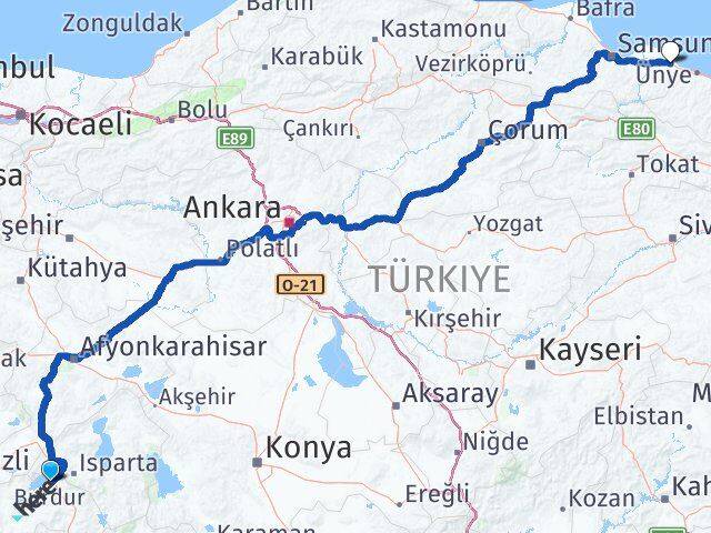 Burdur Terme Samsun Arası Kaç Km - Yol Haritası