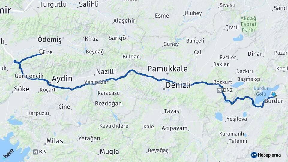 Burdur Tire İzmir Arası Kaç Km - Yol Haritası