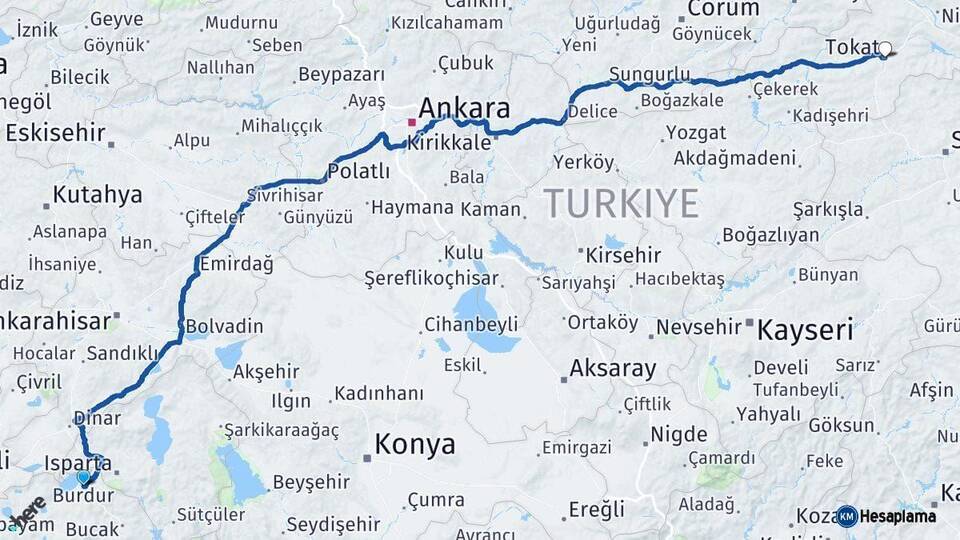 Burdur Tokat Arası Kaç Km - Yol Haritası