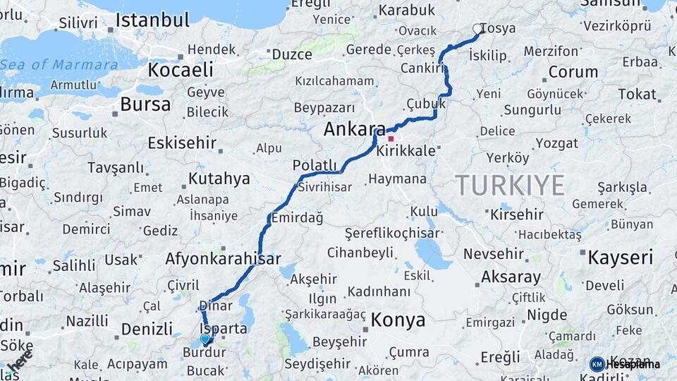 Burdur Tosya Kastamonu Arası Kaç Km - Yol Haritası