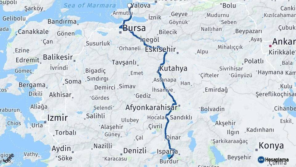 Burdur Yalova Arası Kaç Km - Yol Haritası