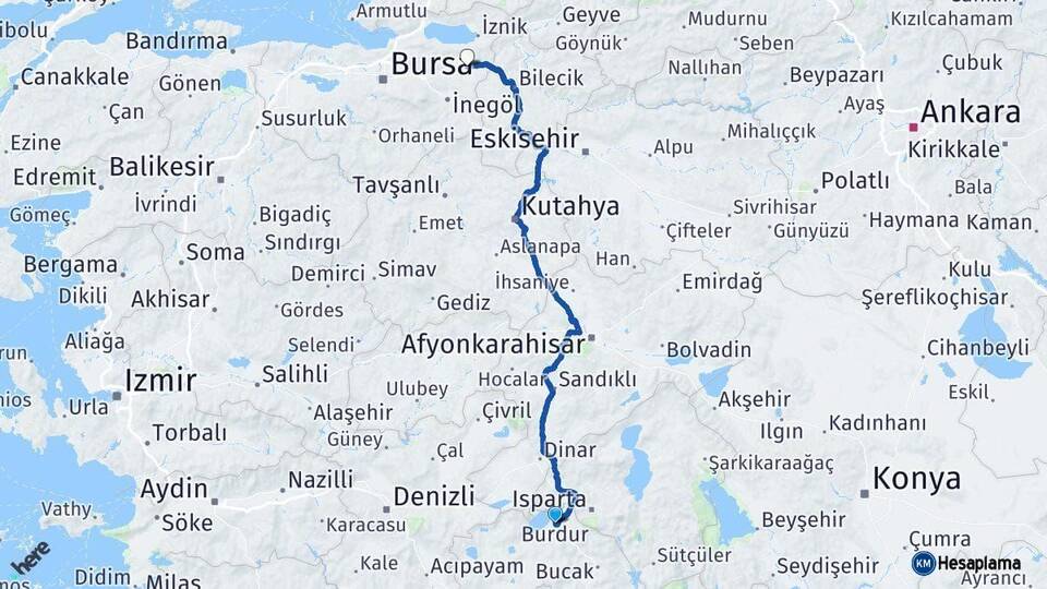 Burdur Yenişehir Bursa Arası Kaç Km - Yol Haritası