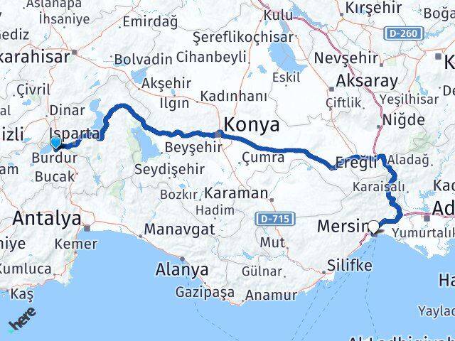 Burdur Yenişehir Mersin Arası Kaç Km - Yol Haritası