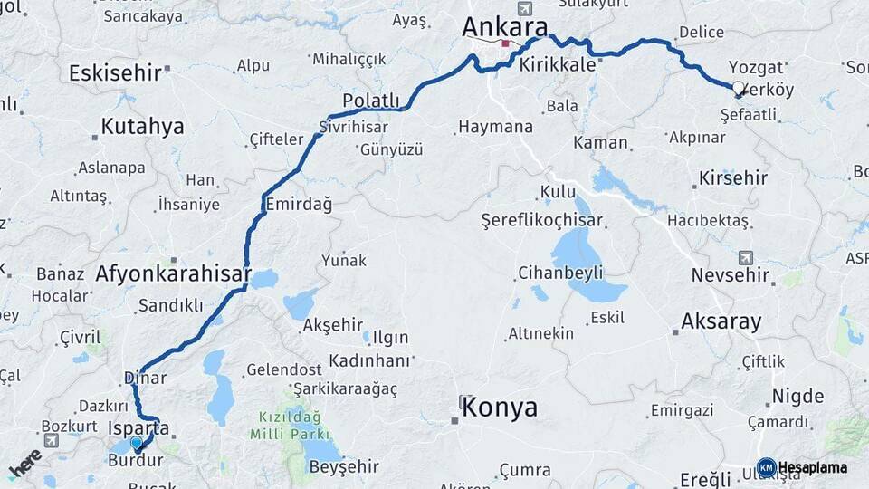 Burdur Yerköy Yozgat Arası Kaç Km - Yol Haritası