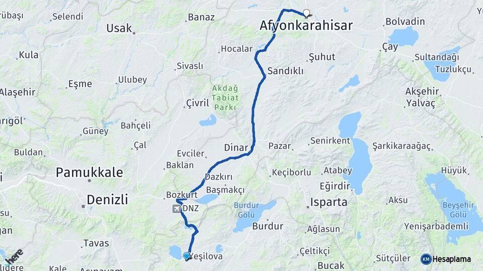 Burdur Yeşilova Afyonkarahisar Arası Kaç Km - Yol Haritası