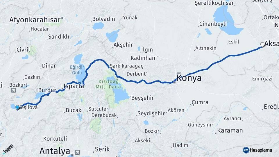 Burdur Yeşilova Aksaray Arası Kaç Km - Yol Haritası