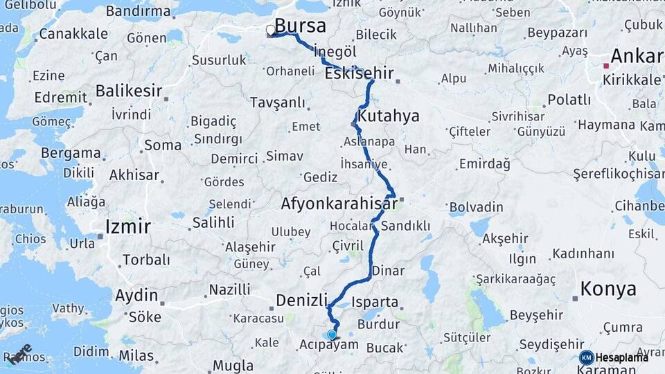 Burdur Yeşilova Bursa Arası Kaç Km - Yol Haritası
