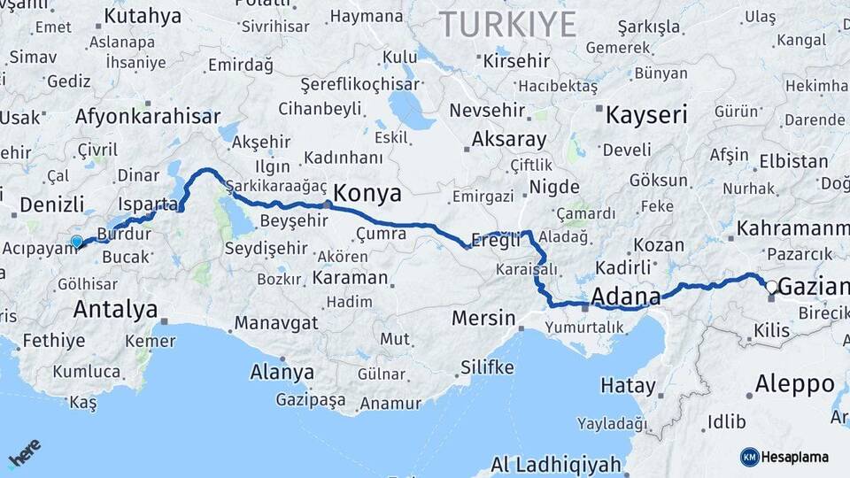 Burdur Yeşilova Gaziantep Arası Kaç Km - Yol Haritası