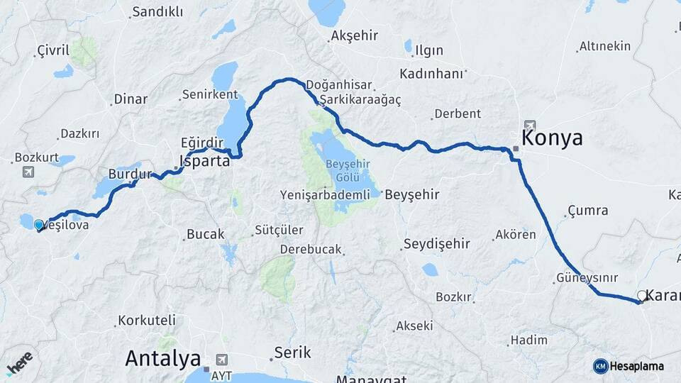 Burdur Yeşilova Karaman Arası Kaç Km - Yol Haritası