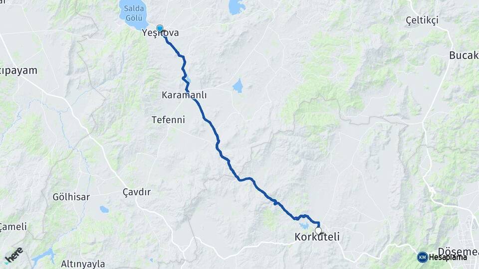 Burdur Yeşilova Korkuteli Antalya Arası Kaç Km - Yol Haritası