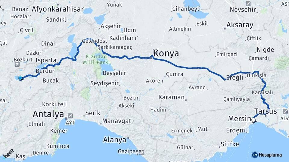 Burdur Yeşilova Mersin Arası Kaç Km - Yol Haritası
