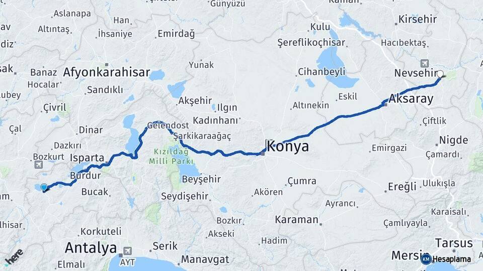 Burdur Yeşilova Nevşehir Arası Kaç Km - Yol Haritası