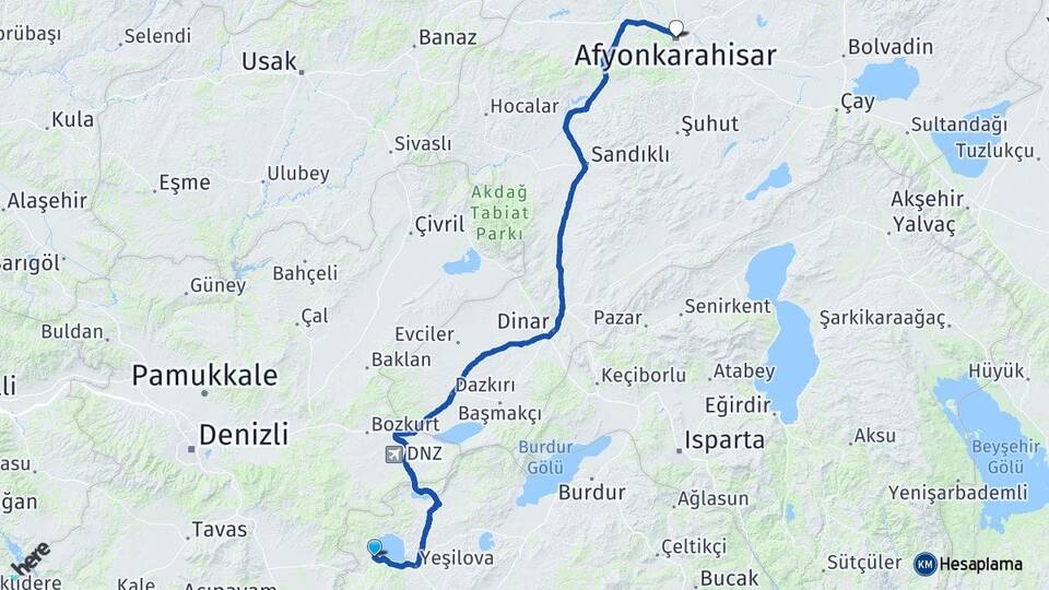 Burdur Yeşilova Salda Afyonkarahisar Arası Kaç Km - Yol Haritası
