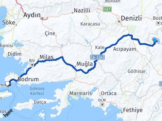 Burdur Yeşilova Salda Akyarlar Bodrum Muğla Arası Kaç Km - Yol Haritası