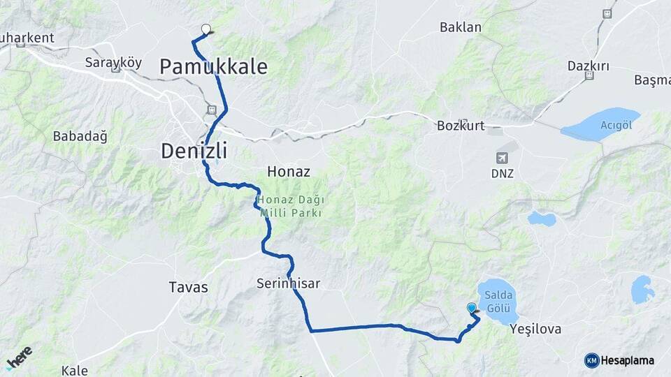 Burdur Yeşilova Salda Karahayıt Pamukkale Denizli Arası Kaç Km - Yol Haritası