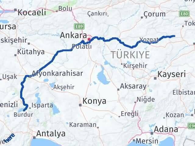 Burdur Yeşilyurt Tokat Arası Kaç Km - Yol Haritası