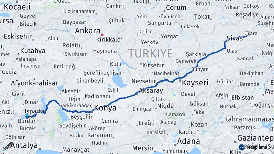 Burdur Zara Sivas Arası Kaç Km - Yol Haritası