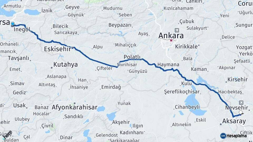 Bursa Acıgöl Nevşehir Arası Kaç Km - Yol Haritası