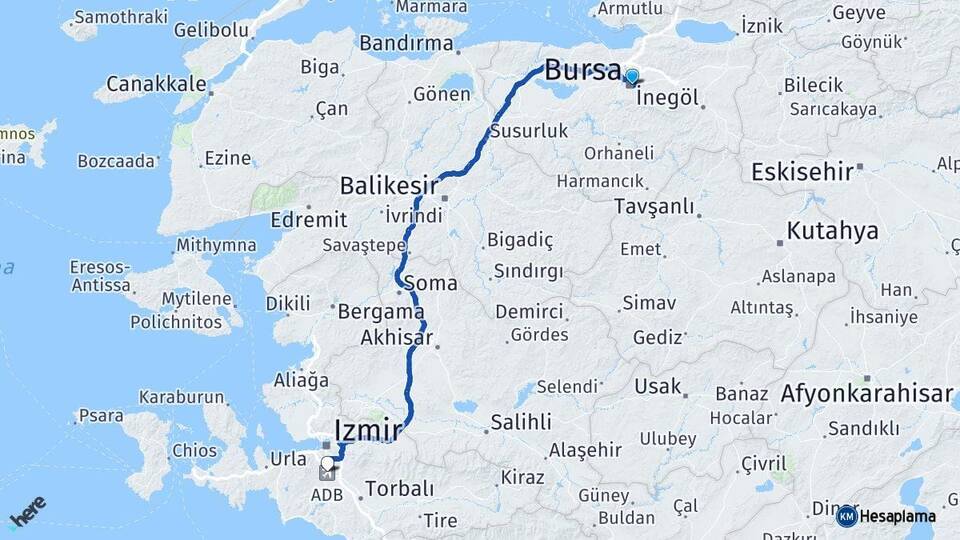 Bursa Adnan Menderes Havalimanı Arası Kaç Km - Yol Haritası