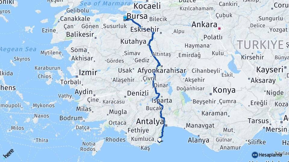 Bursa Adrasan Kumluca Antalya Arası Kaç Km - Yol Haritası