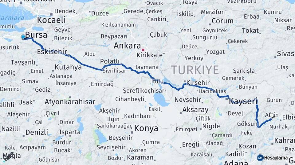 Bursa Afşin Kahramanmaraş Arası Kaç Km - Yol Haritası