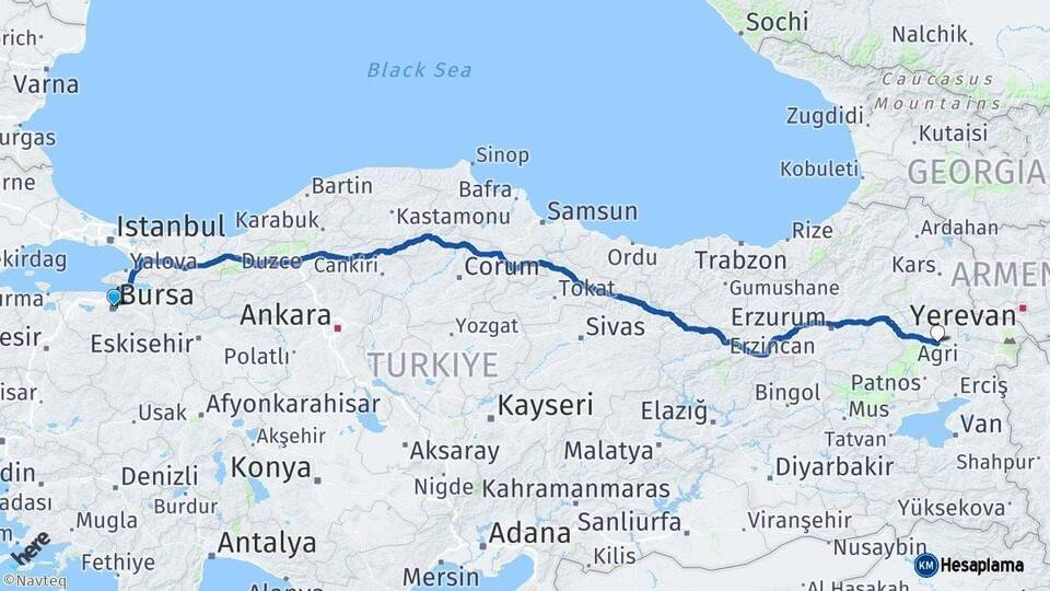 Bursa Ağrı Arası Kaç Km - Yol Haritası