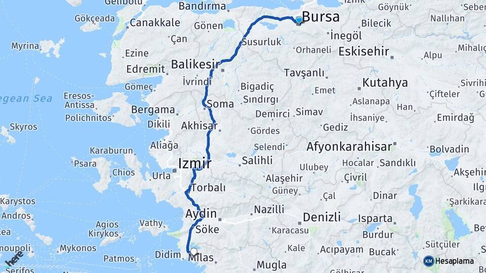 Bursa Akbük Didim Aydın Arası Kaç Km - Yol Haritası