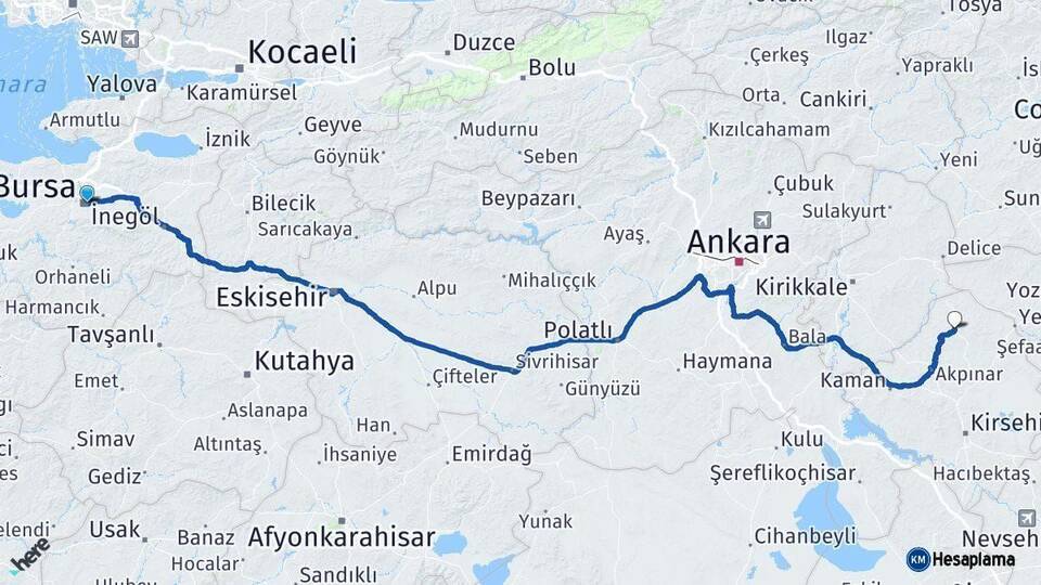 Bursa Akçakent Kırşehir Arası Kaç Km - Yol Haritası