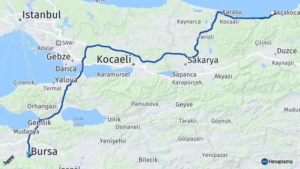 Bursa Akçakoca Düzce Arası Kaç Km - Yol Haritası