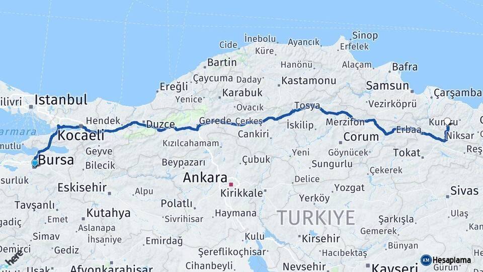 Bursa Akkuş Ordu Arası Kaç Km - Yol Haritası