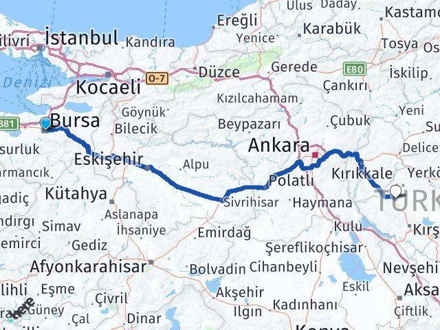 Bursa Akpınar Kırşehir Arası Kaç Km - Yol Haritası