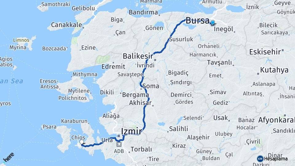 Bursa Alaçatı Çeşme İzmir Arası Kaç Km - Yol Haritası