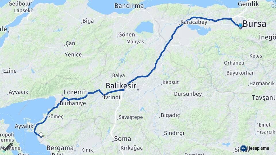 Bursa Altınova Ayvalık Balıkesir Arası Kaç Km - Yol Haritası