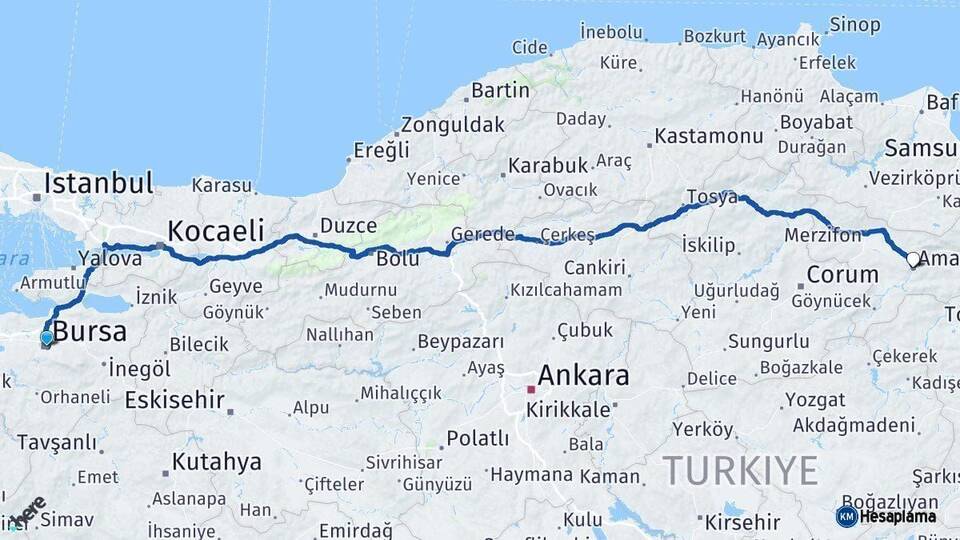 Bursa Amasya Arası Kaç Km - Yol Haritası