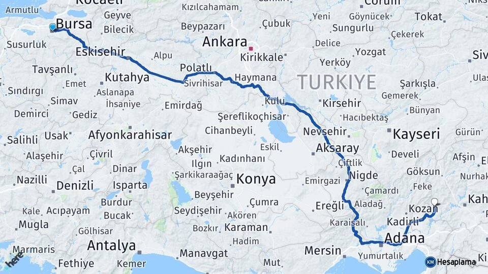 Bursa Andırın Kahramanmaraş Arası Kaç Km - Yol Haritası
