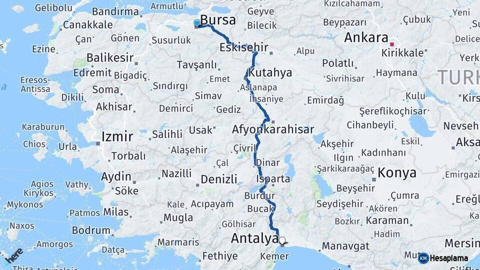 Bursa Antalya Arası Kaç Km - Yol Haritası