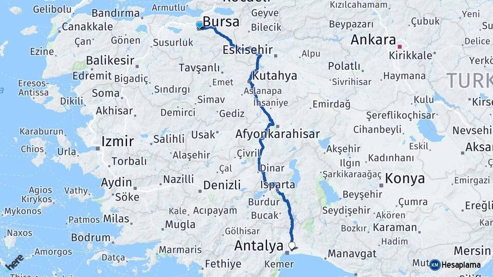 Bursa Antalya Havalimanı Arası Kaç Km - Yol Haritası
