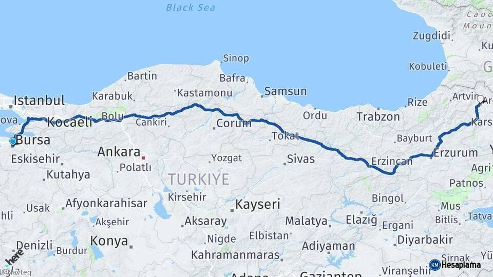 Bursa Ardahan Arası Kaç Km - Yol Haritası